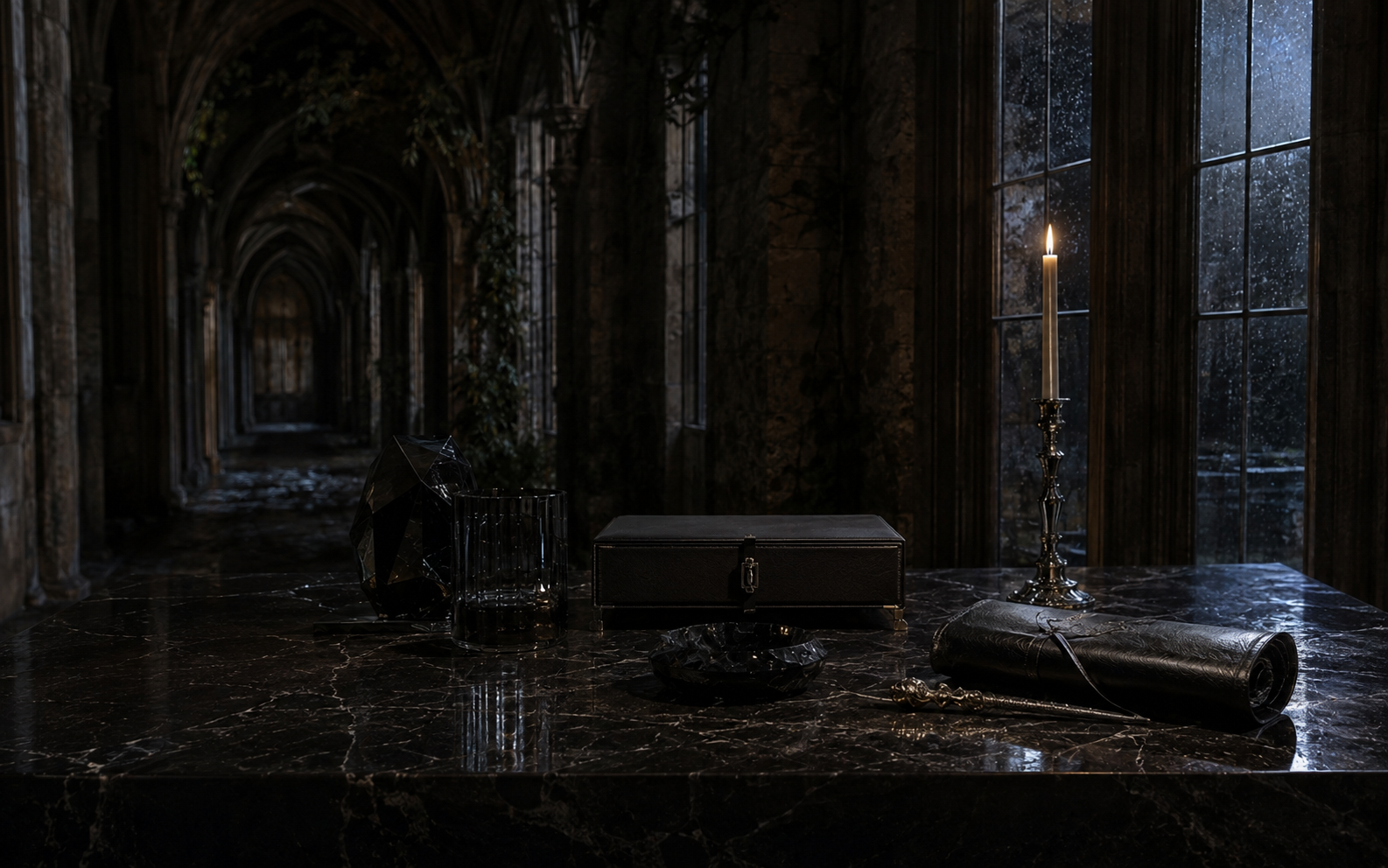 A candlelit Gothic atelier with weathered architectural details